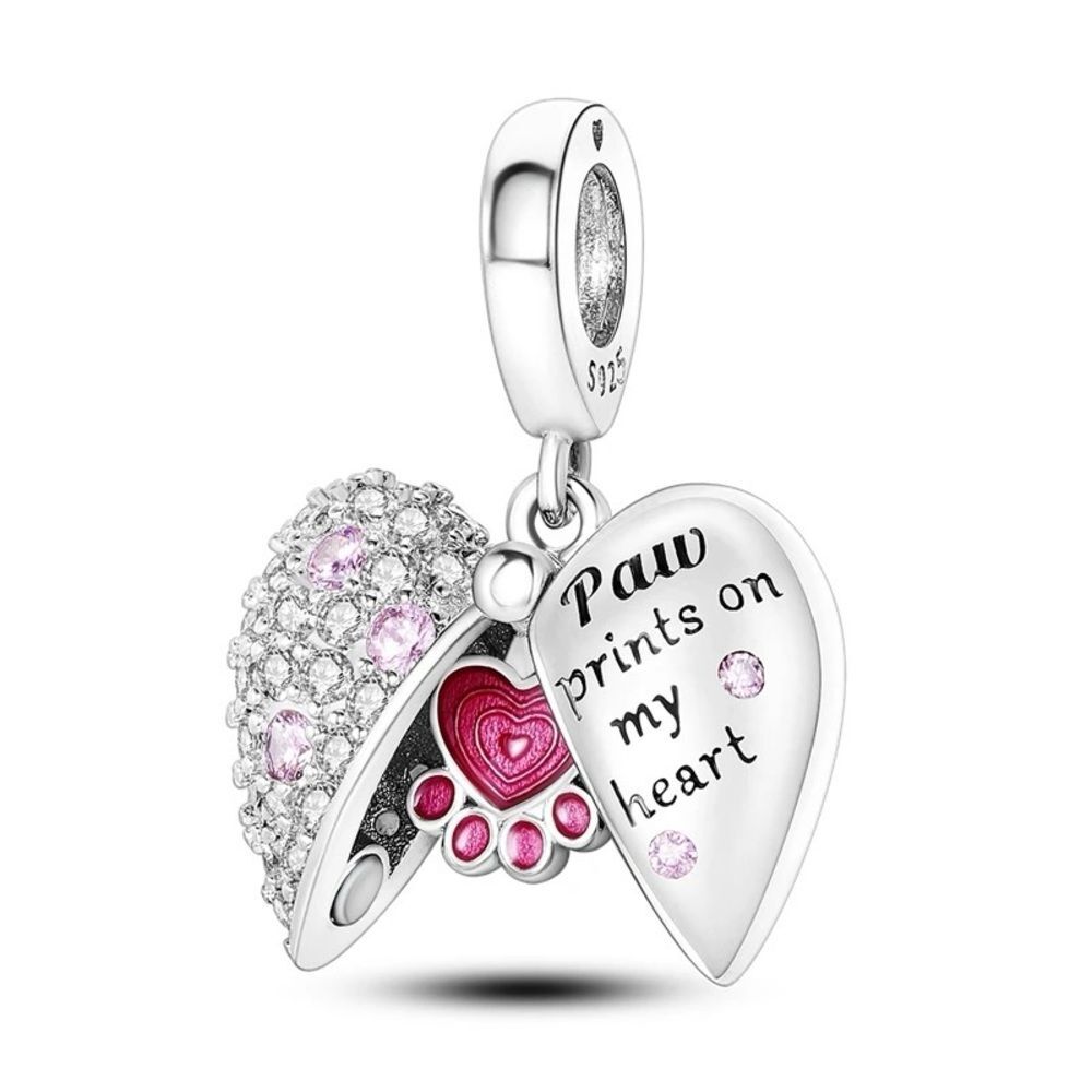NWOT Paw Print Love Heart Silver Dangle Pandora Fit Charm
